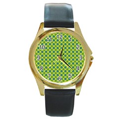 Green Polka Dots Spots Pattern Round Gold Metal Watch