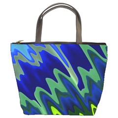 Blue Green Zig Zag Waves Pattern Bucket Bag by SpinnyChairDesigns