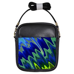 Blue Green Zig Zag Waves Pattern Girls Sling Bag by SpinnyChairDesigns