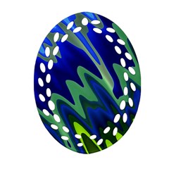 Blue Green Zig Zag Waves Pattern Oval Filigree Ornament (two Sides) by SpinnyChairDesigns