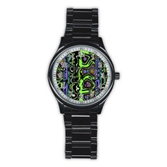 Green And Black Abstract Pattern Stainless Steel Round Watch by SpinnyChairDesigns