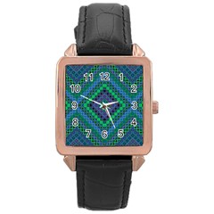 Blue Green Diamond Pattern Rose Gold Leather Watch  by SpinnyChairDesigns