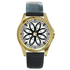 Black And White Floral Print Pattern Round Gold Metal Watch by SpinnyChairDesigns