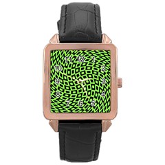 Abstract Black And Green Checkered Pattern Rose Gold Leather Watch  by SpinnyChairDesigns