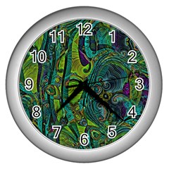 Jungle Print Green Abstract Pattern Wall Clock (silver) by SpinnyChairDesigns