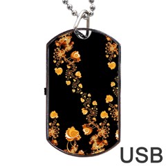 Abstract Gold Yellow Roses On Black Dog Tag Usb Flash (one Side) by SpinnyChairDesigns