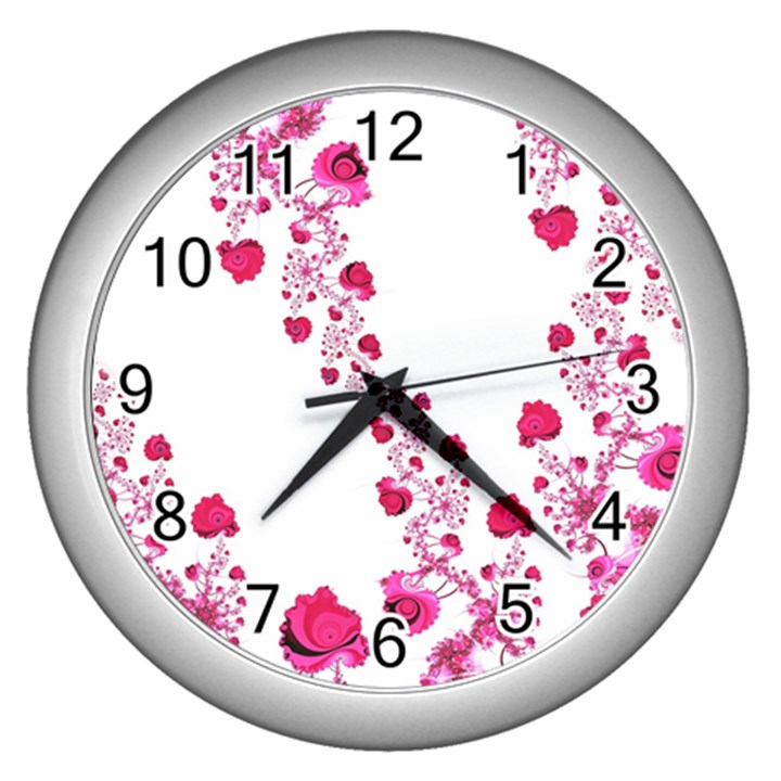 Abstract Pink Roses on White Wall Clock (Silver)