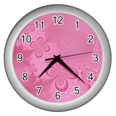 Pink Intricate Swirls Pattern Wall Clock (silver) by SpinnyChairDesigns