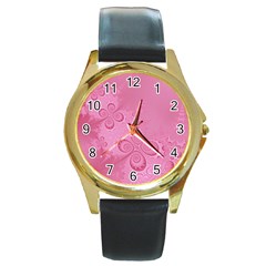 Pink Intricate Swirls Pattern Round Gold Metal Watch by SpinnyChairDesigns