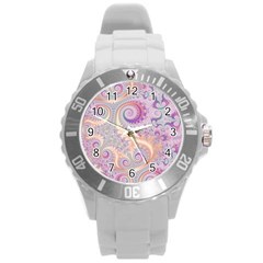 Pastel Pink Intricate Swirls Spirals  Round Plastic Sport Watch (l) by SpinnyChairDesigns