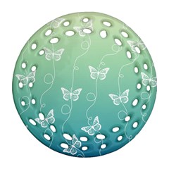 White Butterflies On Blue And Light Green Round Filigree Ornament (two Sides) by SpinnyChairDesigns