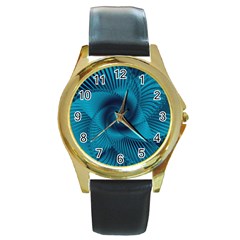 Cerulean Blue Pinwheel Floral Design Round Gold Metal Watch by SpinnyChairDesigns