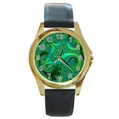 Green Floral Fern Swirls And Spirals Round Gold Metal Watch by SpinnyChairDesigns