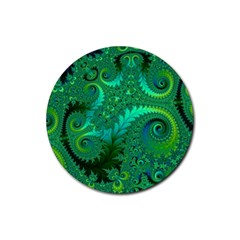 Green Floral Fern Swirls And Spirals Rubber Round Coaster (4 Pack)  by SpinnyChairDesigns