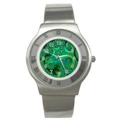 Green Floral Fern Swirls And Spirals Stainless Steel Watch by SpinnyChairDesigns