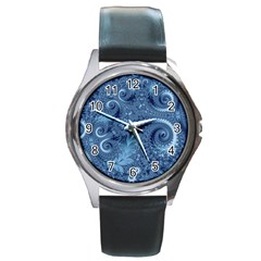 Blue Floral Fern Swirls And Spirals  Round Metal Watch by SpinnyChairDesigns
