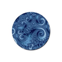 Blue Floral Fern Swirls And Spirals  Rubber Round Coaster (4 Pack)  by SpinnyChairDesigns