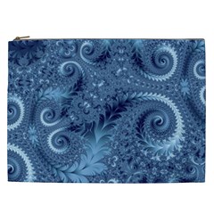 Blue Floral Fern Swirls And Spirals  Cosmetic Bag (xxl) by SpinnyChairDesigns