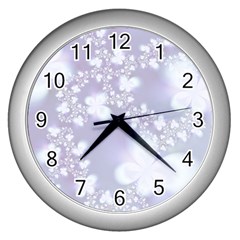 Pale Violet And White Floral Pattern Wall Clock (silver) by SpinnyChairDesigns