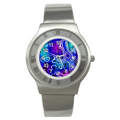 Blue Purple Abstract Stripes Stainless Steel Watch by SpinnyChairDesigns