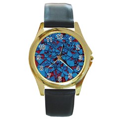 Red Blue Abstract Grunge Pattern Round Gold Metal Watch