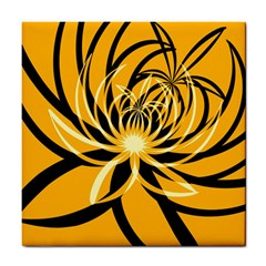 Black Yellow Abstract Floral Pattern Tile Coaster by SpinnyChairDesigns