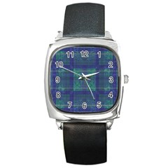 Blue Green Faded Plaid Square Metal Watch by SpinnyChairDesigns