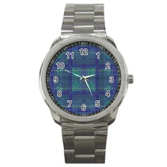 Blue Green Faded Plaid Sport Metal Watch by SpinnyChairDesigns