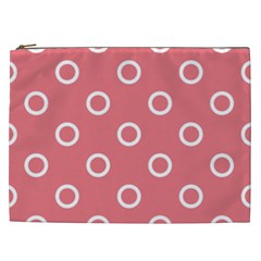 Coral Pink And White Circles Polka Dots Cosmetic Bag (xxl) by SpinnyChairDesigns