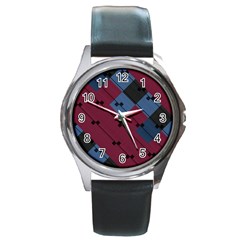 Burgundy Black Blue Abstract Check Pattern Round Metal Watch by SpinnyChairDesigns