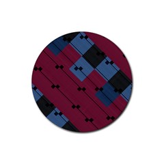 Burgundy Black Blue Abstract Check Pattern Rubber Round Coaster (4 Pack)  by SpinnyChairDesigns