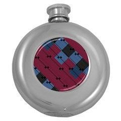 Burgundy Black Blue Abstract Check Pattern Round Hip Flask (5 Oz) by SpinnyChairDesigns