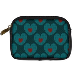 Teal And Red Hearts Digital Camera Leather Case by SpinnyChairDesigns