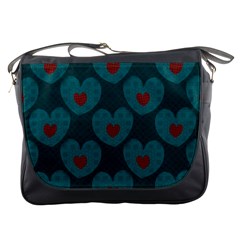 Teal And Red Hearts Messenger Bag by SpinnyChairDesigns