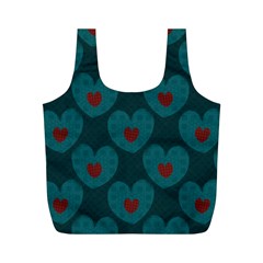 Teal And Red Hearts Full Print Recycle Bag (m) by SpinnyChairDesigns