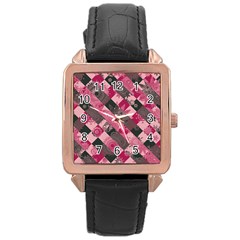 Abstract Pink Grey Stripes Rose Gold Leather Watch  by SpinnyChairDesigns