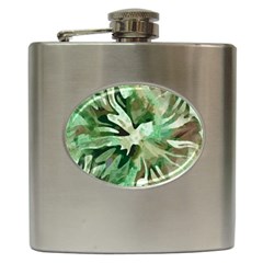 Green Brown Abstract Floral Pattern Hip Flask (6 Oz) by SpinnyChairDesigns