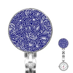 Blue White Paisley Intricate Swirls Stainless Steel Nurses Watch by SpinnyChairDesigns