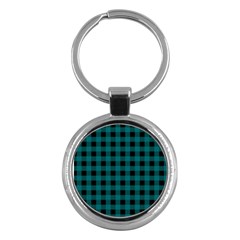 Teal Black Buffalo Plaid Key Chain (round) by SpinnyChairDesigns