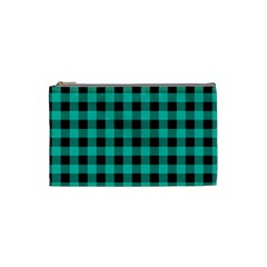 Turquoise Black Buffalo Plaid Cosmetic Bag (small) by SpinnyChairDesigns