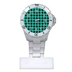 Turquoise Black Buffalo Plaid Plastic Nurses Watch by SpinnyChairDesigns