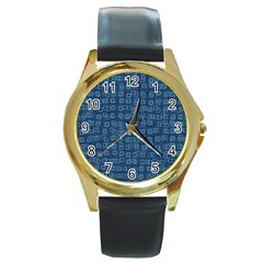 Blue Abstract Checks Pattern Round Gold Metal Watch by SpinnyChairDesigns