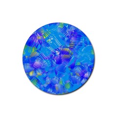 Blue Abstract Floral Paint Brush Strokes Rubber Round Coaster (4 Pack)  by SpinnyChairDesigns