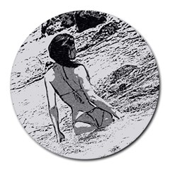 Beauty At The Beach, Bikini Girl Bathing In Bay Round Mousepads