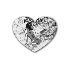 Beauty At The Beach, Bikini Girl Bathing In Bay Heart Coaster (4 Pack)  by Casemiro