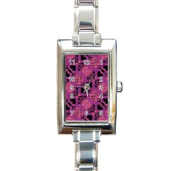 Fuchsia Black Abstract Checkered Stripes  Rectangle Italian Charm Watch by SpinnyChairDesigns