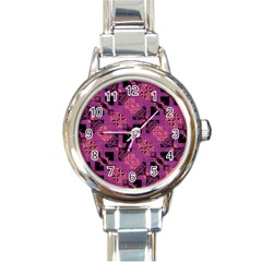 Fuchsia Black Abstract Checkered Stripes  Round Italian Charm Watch by SpinnyChairDesigns