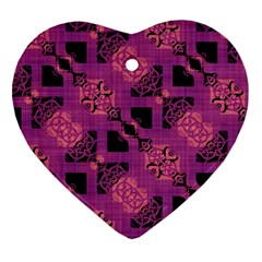 Fuchsia Black Abstract Checkered Stripes  Ornament (heart) by SpinnyChairDesigns