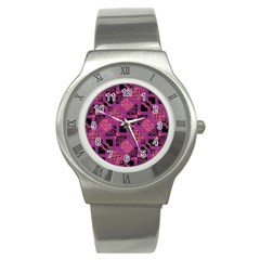 Fuchsia Black Abstract Checkered Stripes  Stainless Steel Watch