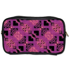 Fuchsia Black Abstract Checkered Stripes  Toiletries Bag (two Sides) by SpinnyChairDesigns